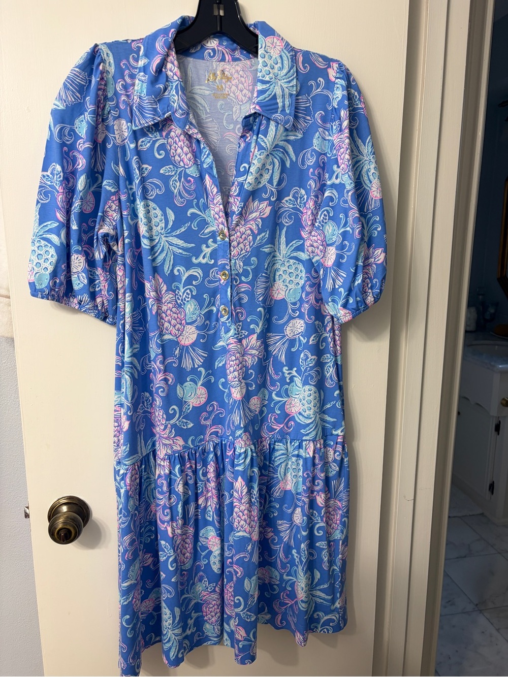 Lilly Pulitzer Blue Floral Midi Dress with Pink & Mint Accents